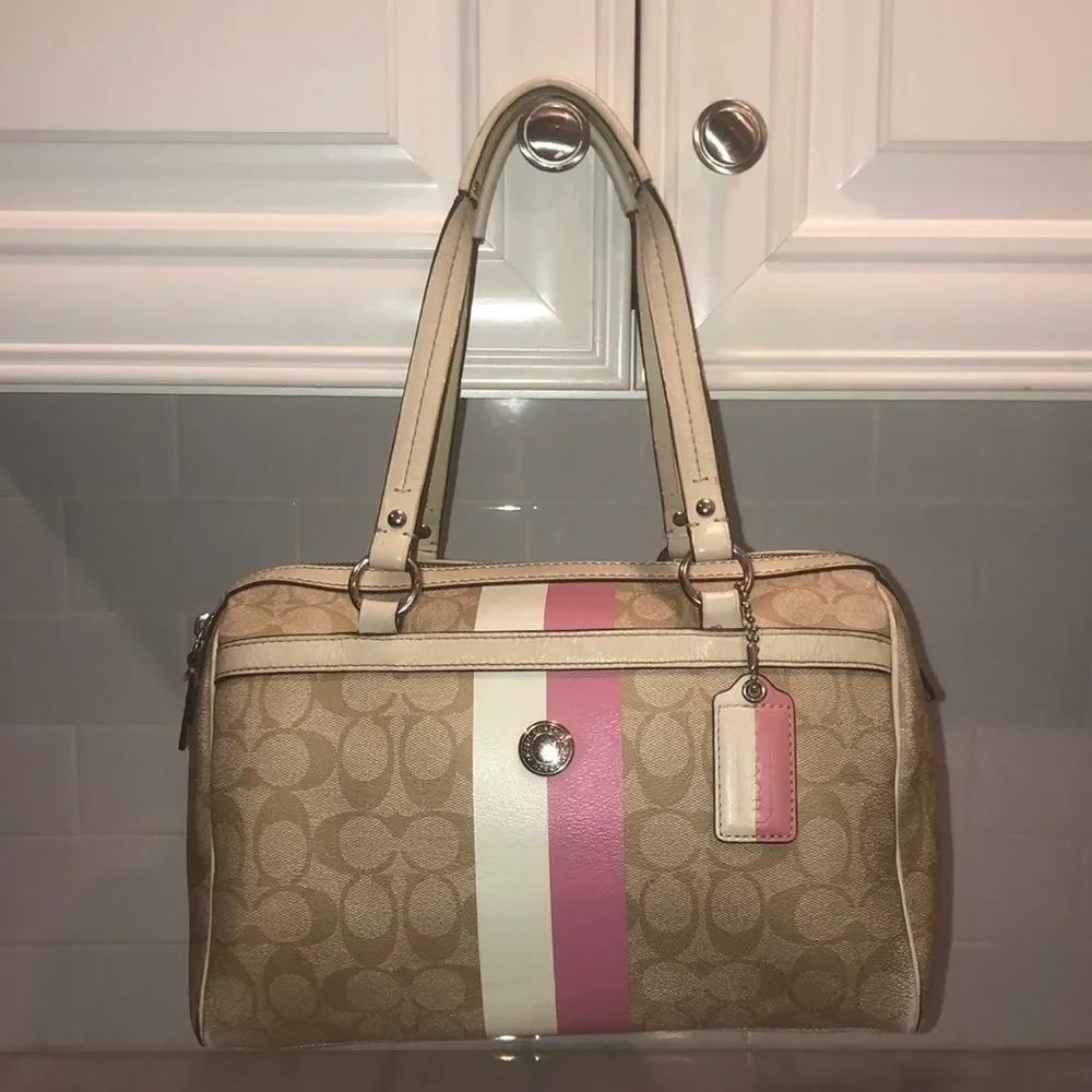 #22 Coach Chelsea Heritage Pink Stripe Zip Satchel Bag